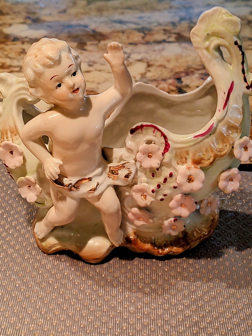 Porcelain Cherub Floral Planter in Cream and Pink